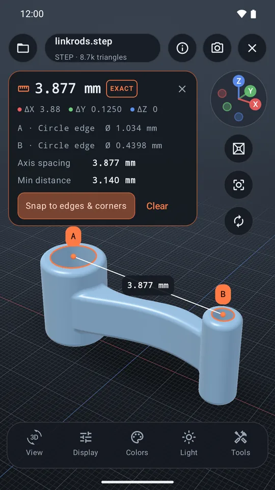 Mirari measuring the distance between two hole rims on a STEP part: axis spacing 3.877 mm, minimum distance 3.140 mm, with both rims highlighted.