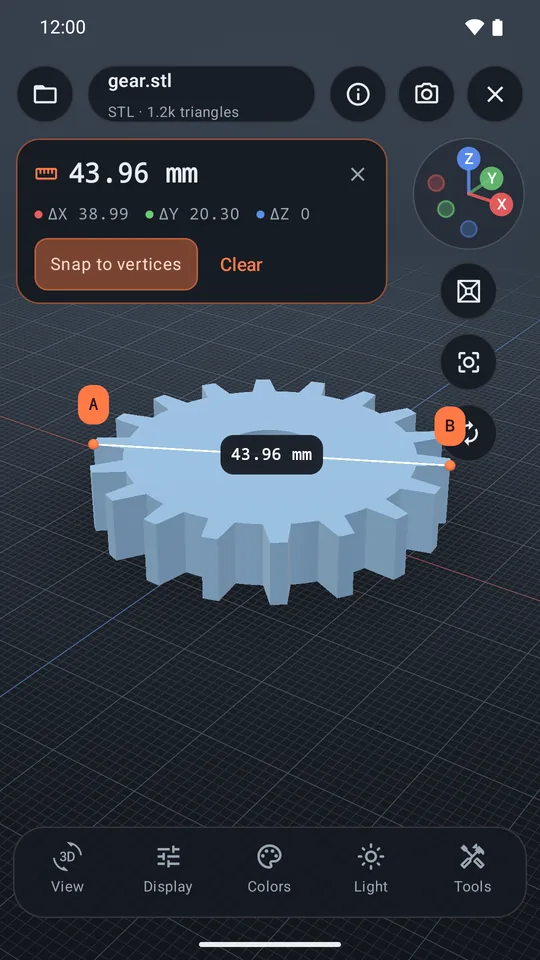 Point-to-point measurement across a gear with vertex snapping: 43.96 mm.