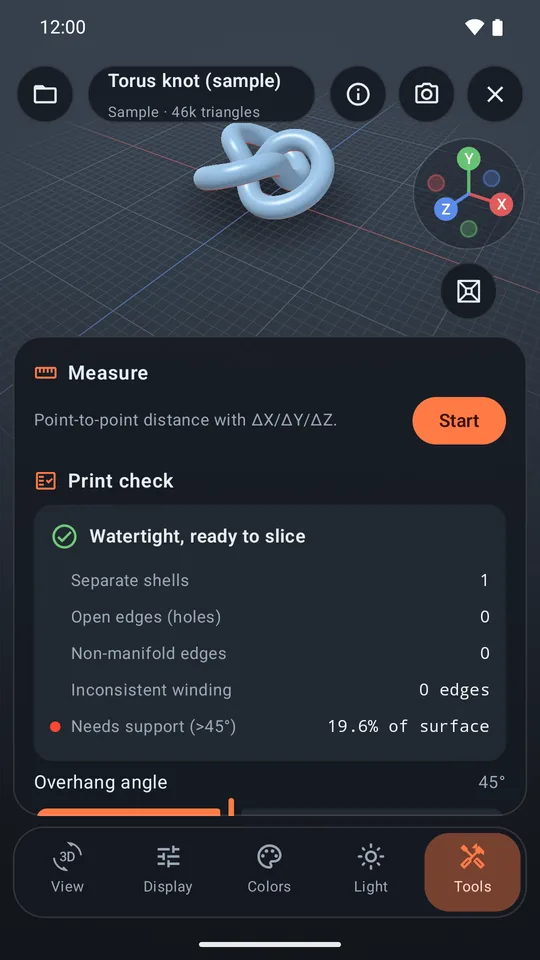 Print check report: watertight, ready to slice, 19.6% of the surface needs support past 45 degrees.